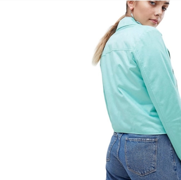 ASOS DESIGN Ultimate Faux Suede Cropped Moto Biker Jacket in Mint Green Size 16 - Picture 4 of 15